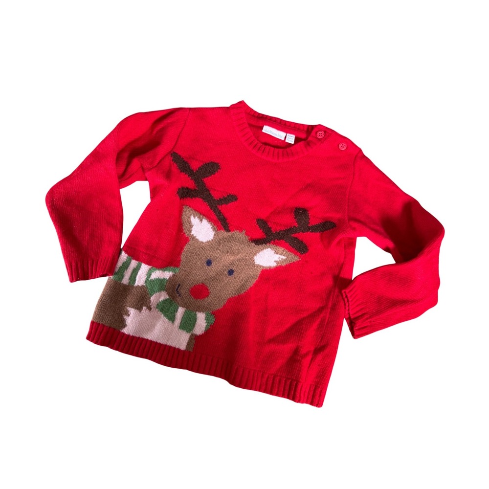 JoJo Maman Bebe Red Reindeer Merino Wool Cashmere Sweater Kids 3-4Y D2430